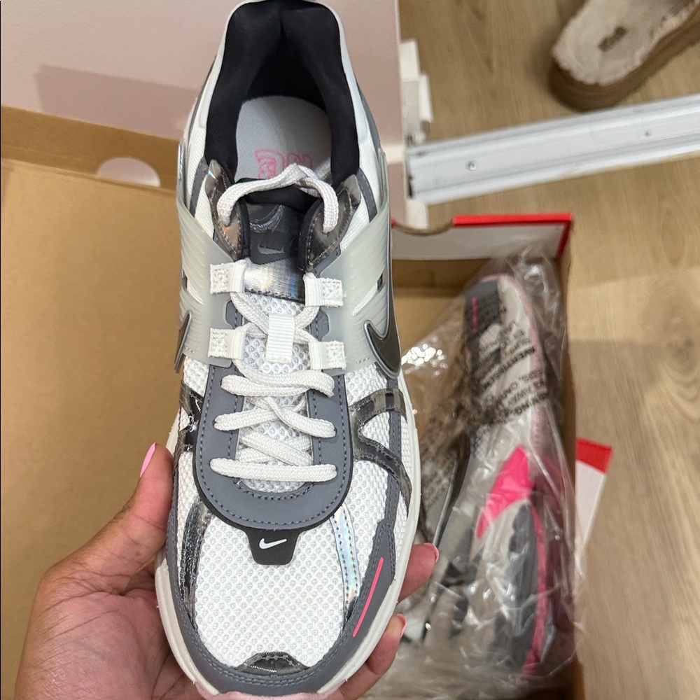 Nike White and Gray Running Shoes with Pink Highlights